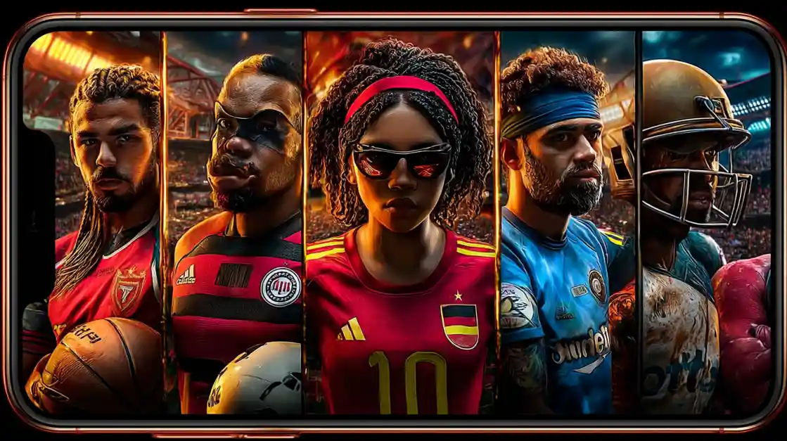 A smartphone screen displays a powerful collage of diverse male and female athletes from various sports, including football and soccer, representing the comprehensive sports betting options at linebet.