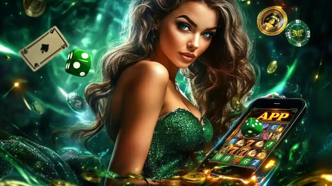 An enchanting woman with flowing hair, adorned in green, gazes captivatingly, surrounded by floating cards, dice, and coins, alongside a smartphone featuring the linebet gaming app.