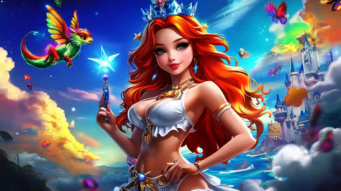 A vibrant fantasy scene featuring a beautiful princess with fiery red hair and a crown, holding a magic wand, with a small winged dragon and a fairytale castle in the background, embodying the magical world of linebet.