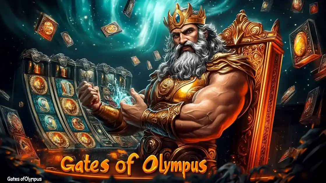 A majestic Zeus figure on a golden throne, surrounded by floating cards and a linebet slot machine, with Gates of Olympus prominently displayed, inviting players to a mythical gaming experience.