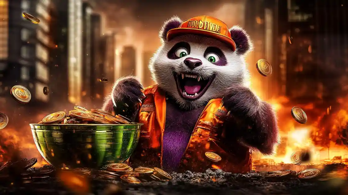 A cheerful panda character wearing an orange cap and jacket, surrounded by golden coins and a bowl of money, symbolizing wealth and good fortune with linebet.