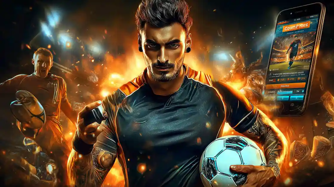 An intense male soccer player with tattoos holds a football, looking confidently at the camera with a linebet sports betting app on a phone beside him, all set against a fiery action background.