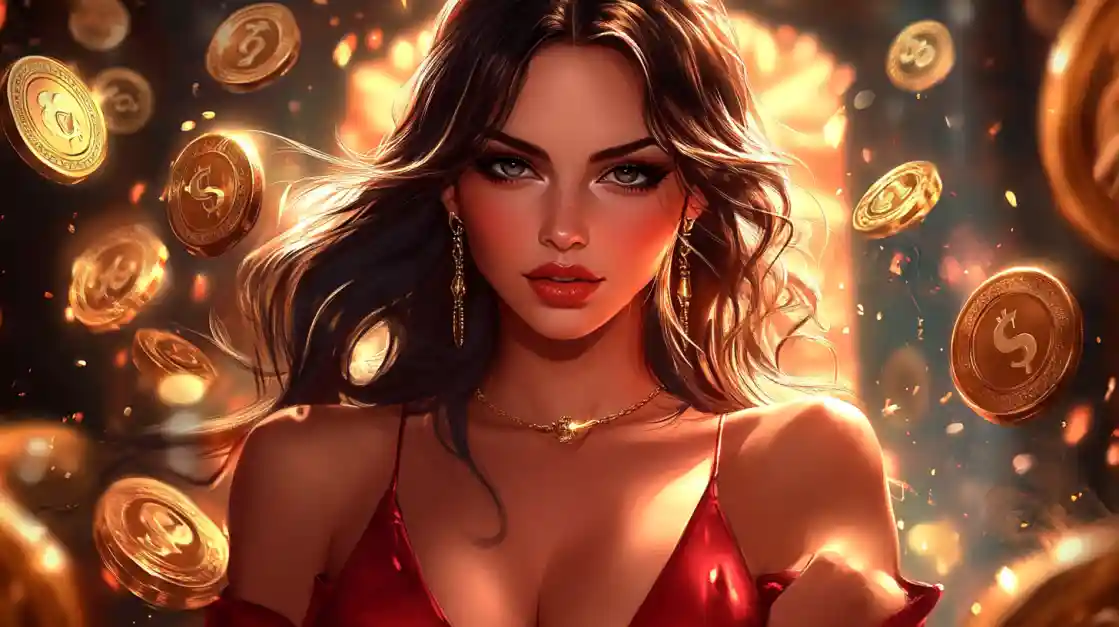 A stunning woman in a red dress, adorned with delicate jewelry, looks directly at the viewer as a shower of golden linebet coins rains down around her, symbolizing big wins.