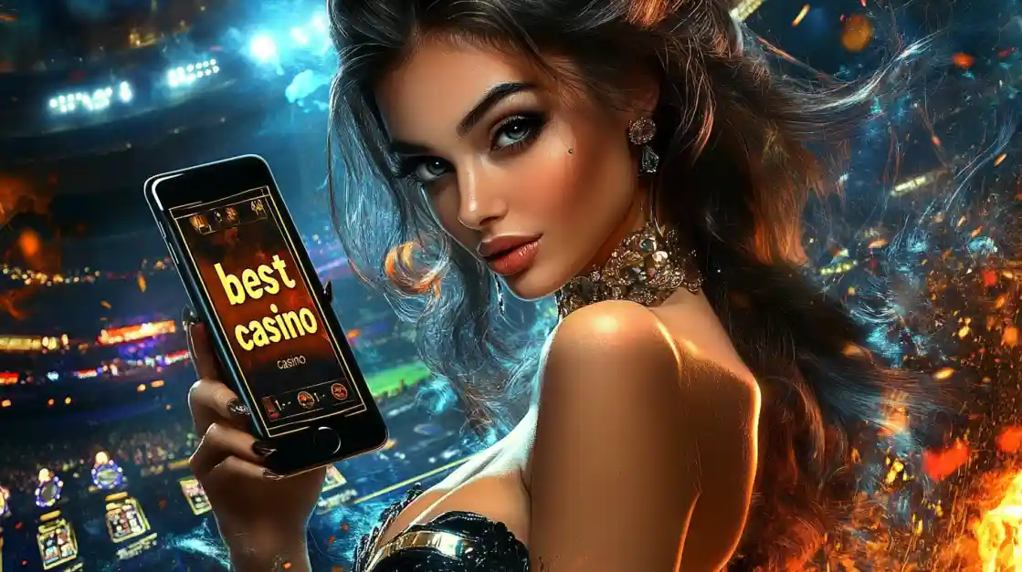 An alluring woman holds a smartphone with the best casino app from linebet glowing on the screen, set against the backdrop of a brightly lit stadium and ambient flames.