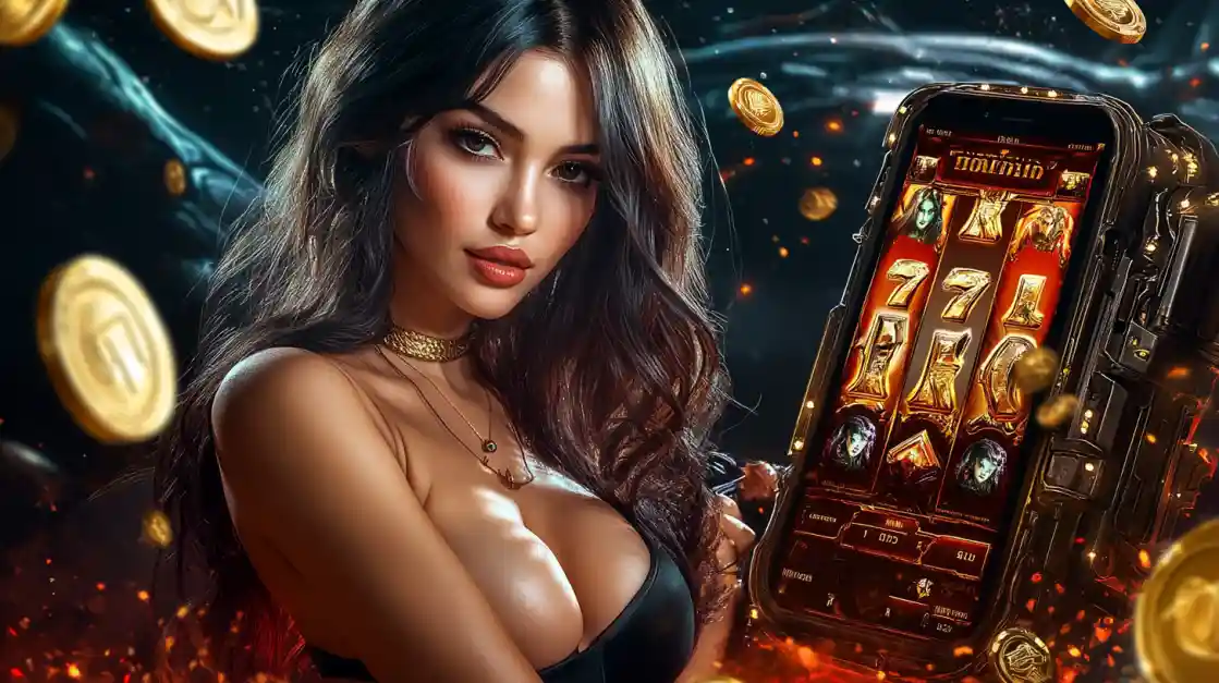 A beautiful woman in a black top looks confidently at the viewer while holding a smartphone displaying a linebet mobile slot game with 777 symbols and golden coins.