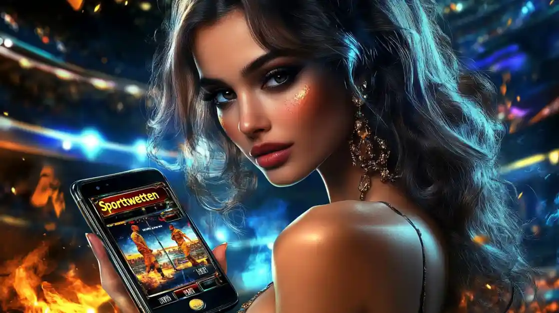 A glamorous woman with elegant makeup looks over her shoulder, holding a smartphone displaying the linebet sports betting app against a vibrant stadium backdrop with fire effects.